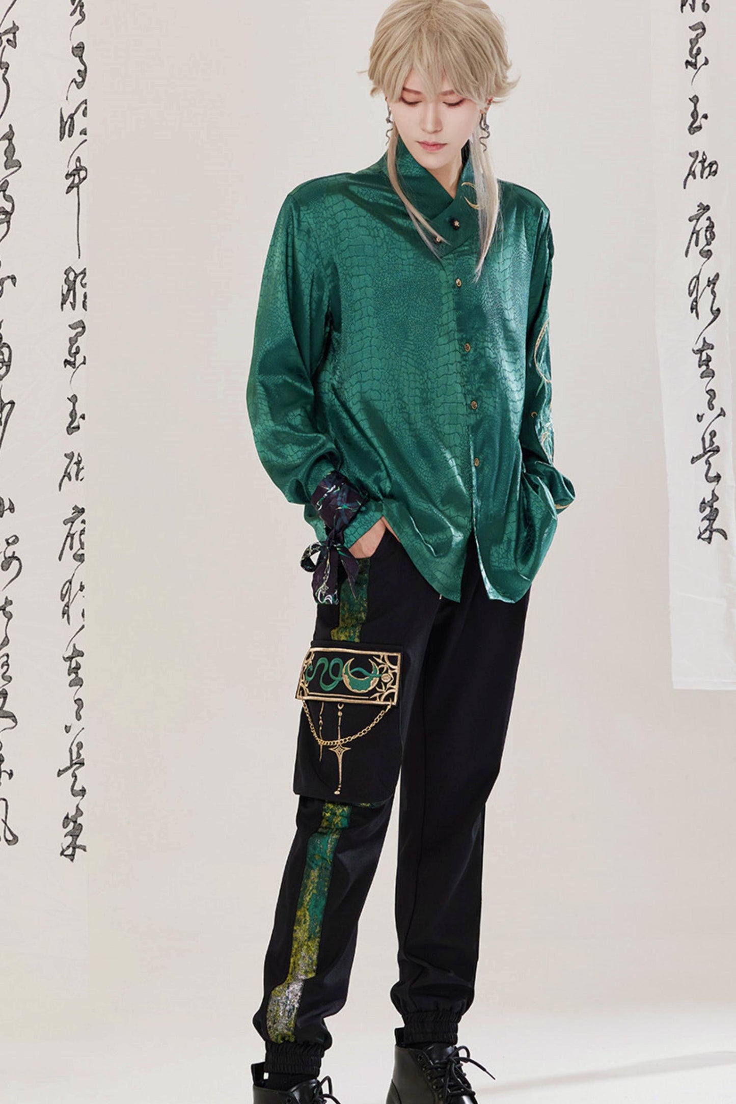 Jade Moon Dragon Embroidered Chinese Shirt + Moon Pocket Pants
