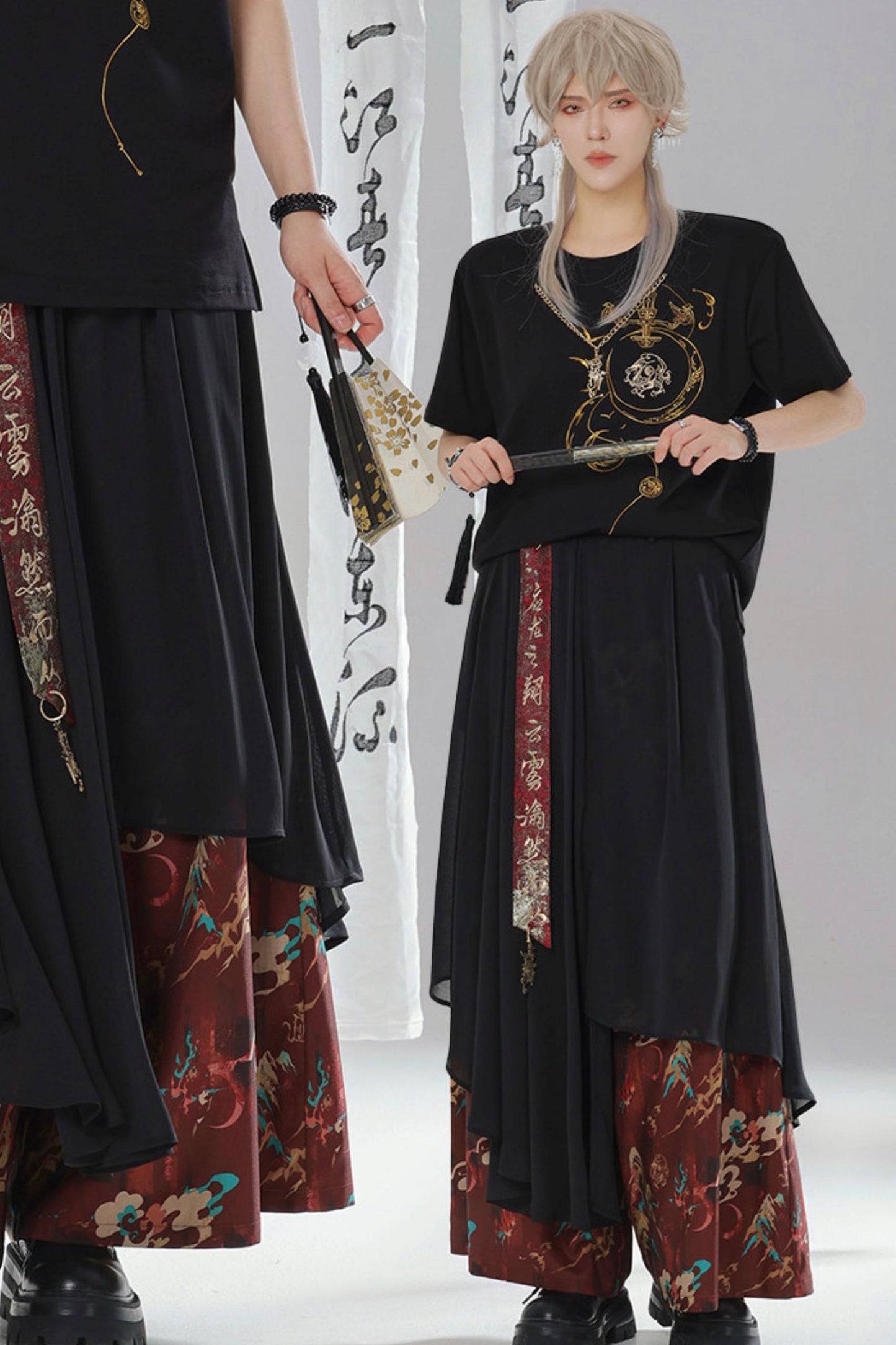 Gold Dragon Embroidered Choker Top (with Cups) + Chinese-Style Wide-Leg Pants