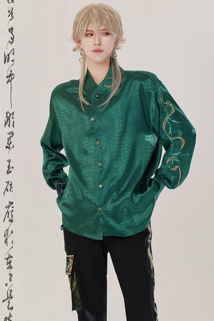 Jade Moon Dragon Embroidered Chinese Shirt + Moon Pocket Pants