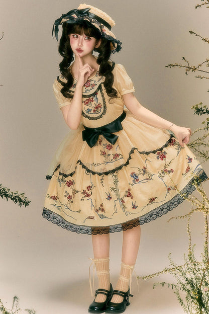 Blumen- und Vogeldruck-Kleid + Oberteil + Jacke + Hut