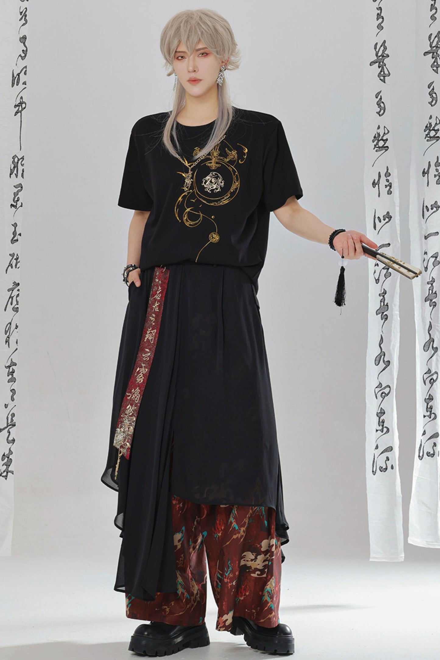 Gold Dragon Embroidered Choker Top (with Cups) + Chinese-Style Wide-Leg Pants
