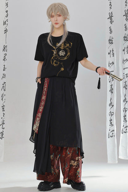 Gold Dragon Embroidered Choker Top (with Cups) + Chinese-Style Wide-Leg Pants