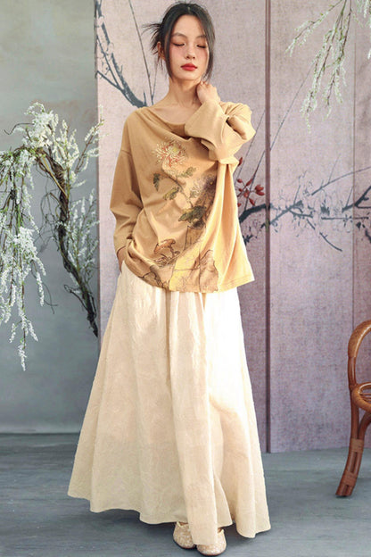 Ensemble élégant haut ample drapé en jacquard blanc cassé + jupe