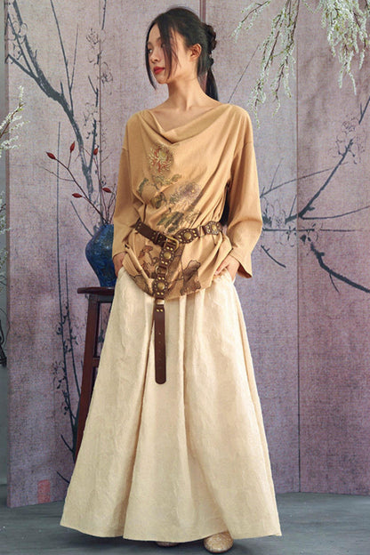 Ensemble élégant haut ample drapé en jacquard blanc cassé + jupe