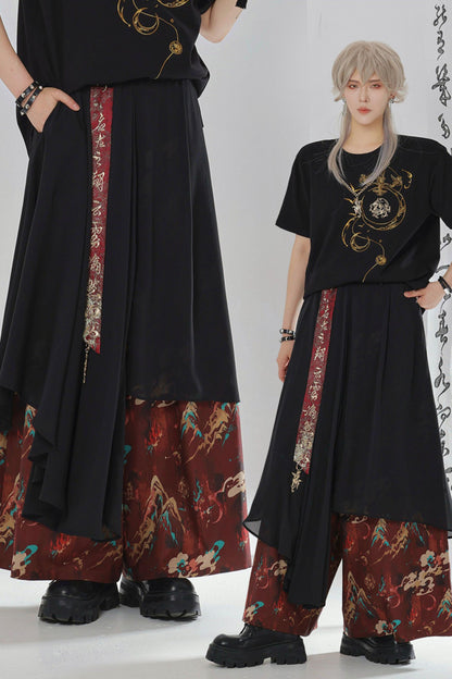 Gold Dragon Embroidered Choker Top (with Cups) + Chinese-Style Wide-Leg Pants