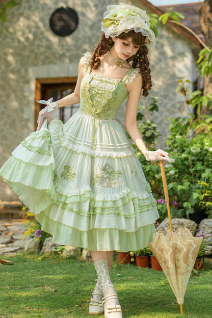 Green Embroidered Lolita One-Piece Dress + Cardigan + Hat + Belt + Accessories