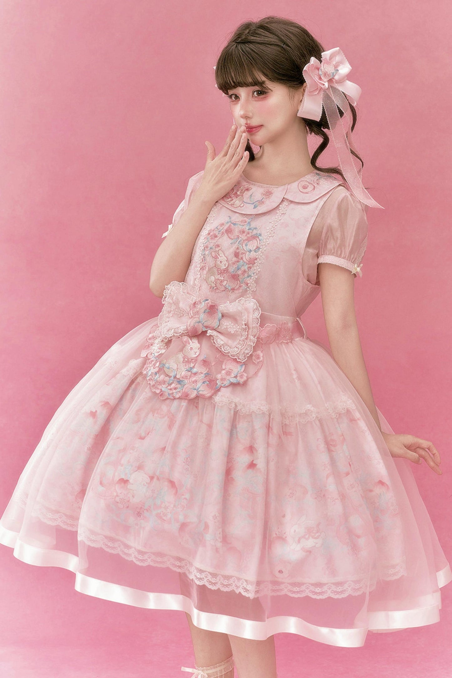 Qipao con conigli e pesche+top+capispalla+accessori