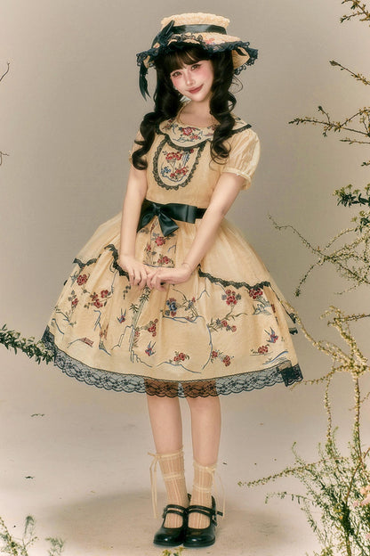Blumen- und Vogeldruck-Kleid + Oberteil + Jacke + Hut