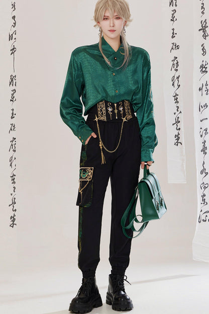 Jade Moon Dragon Embroidered Chinese Shirt + Moon Pocket Pants