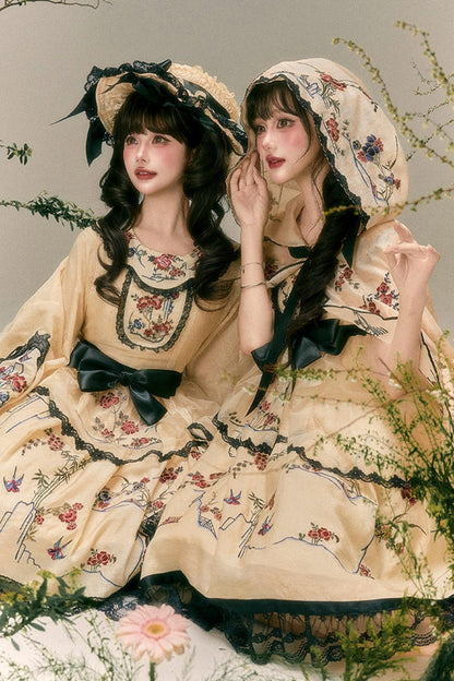 Blumen- und Vogeldruck-Kleid + Oberteil + Jacke + Hut