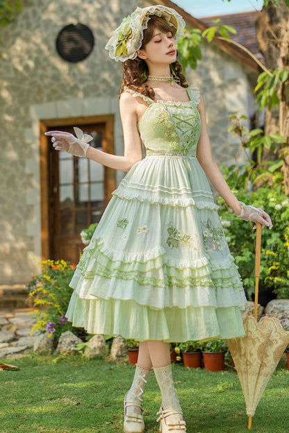 Green Embroidered Lolita One-Piece Dress + Cardigan + Hat + Belt + Accessories