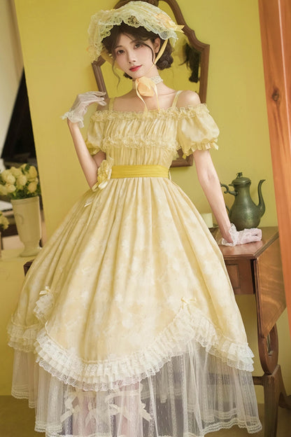 Romantic flower Lolita dress + jumper skirt + cardigan + hair accessories
