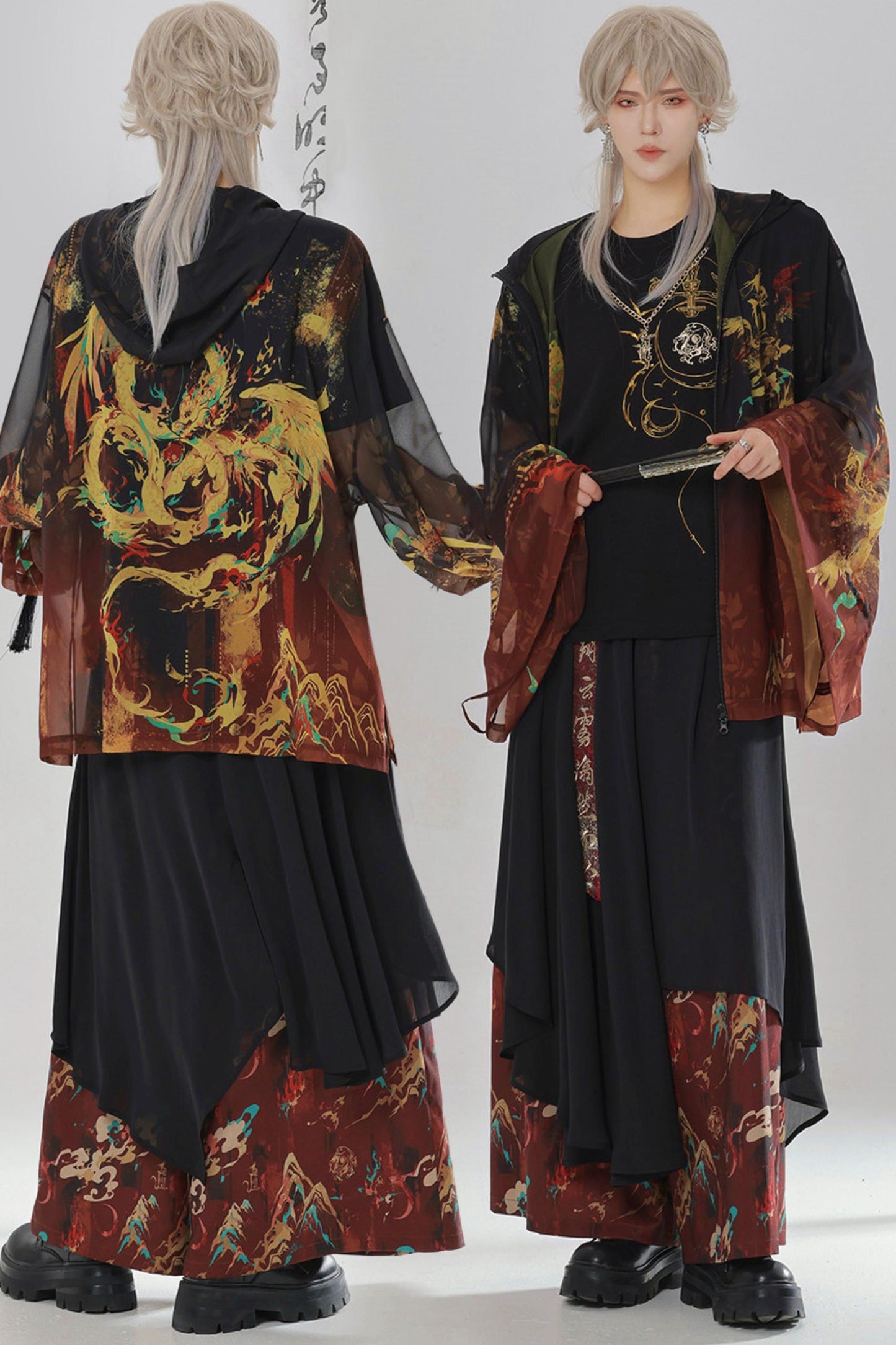 Gold Dragon Embroidered Choker Top (with Cups) + Chinese-Style Wide-Leg Pants