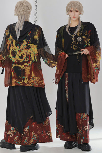 Gold Dragon Embroidered Choker Top (with Cups) + Chinese-Style Wide-Leg Pants