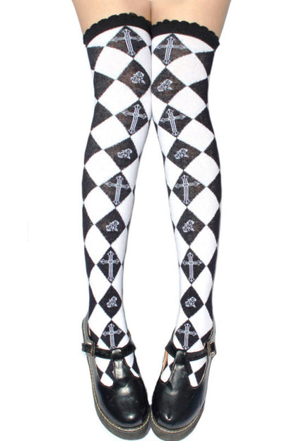 Diamond Pattern Cross Knee-High Socks