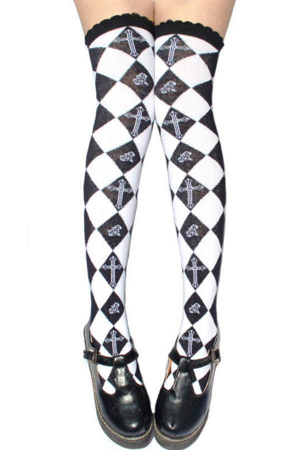 Diamond Pattern Cross Knee-High Socks