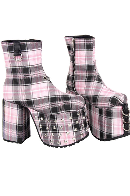 Karierte Stoffstiefel mit Blockabsatz