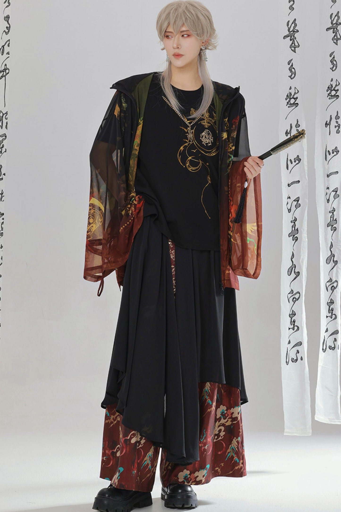 Gold Dragon Embroidered Choker Top (with Cups) + Chinese-Style Wide-Leg Pants