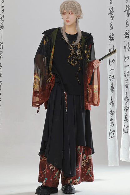 Gold Dragon Embroidered Choker Top (with Cups) + Chinese-Style Wide-Leg Pants