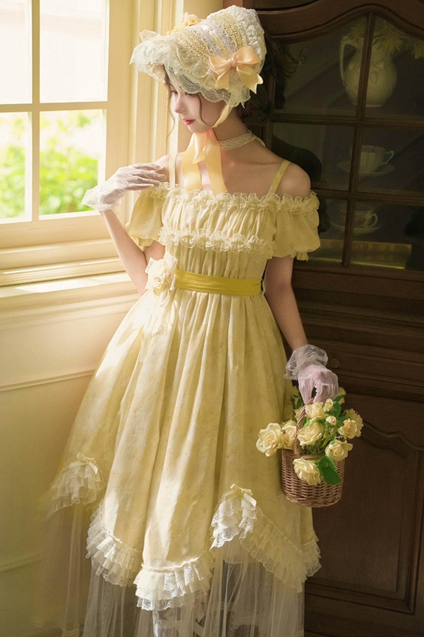 Romantic flower Lolita dress + jumper skirt + cardigan + hair accessories