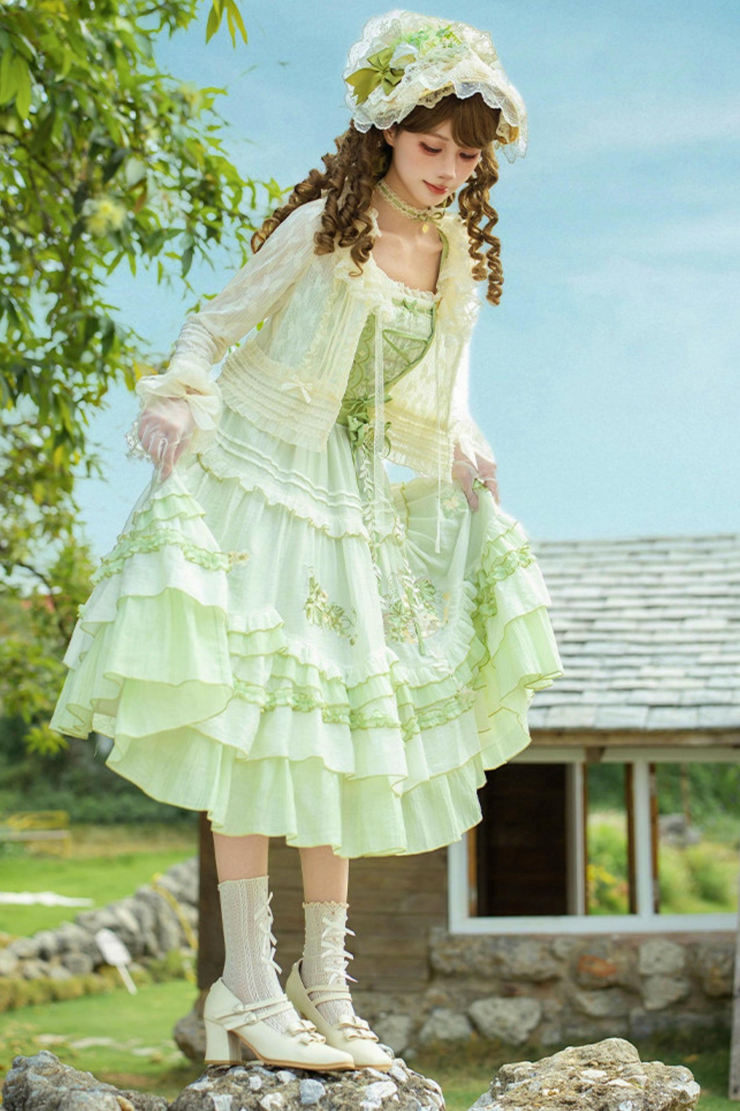 Green Embroidered Lolita One-Piece Dress + Cardigan + Hat + Belt + Accessories