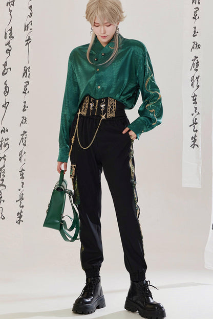 Jade Moon Dragon Embroidered Chinese Shirt + Moon Pocket Pants