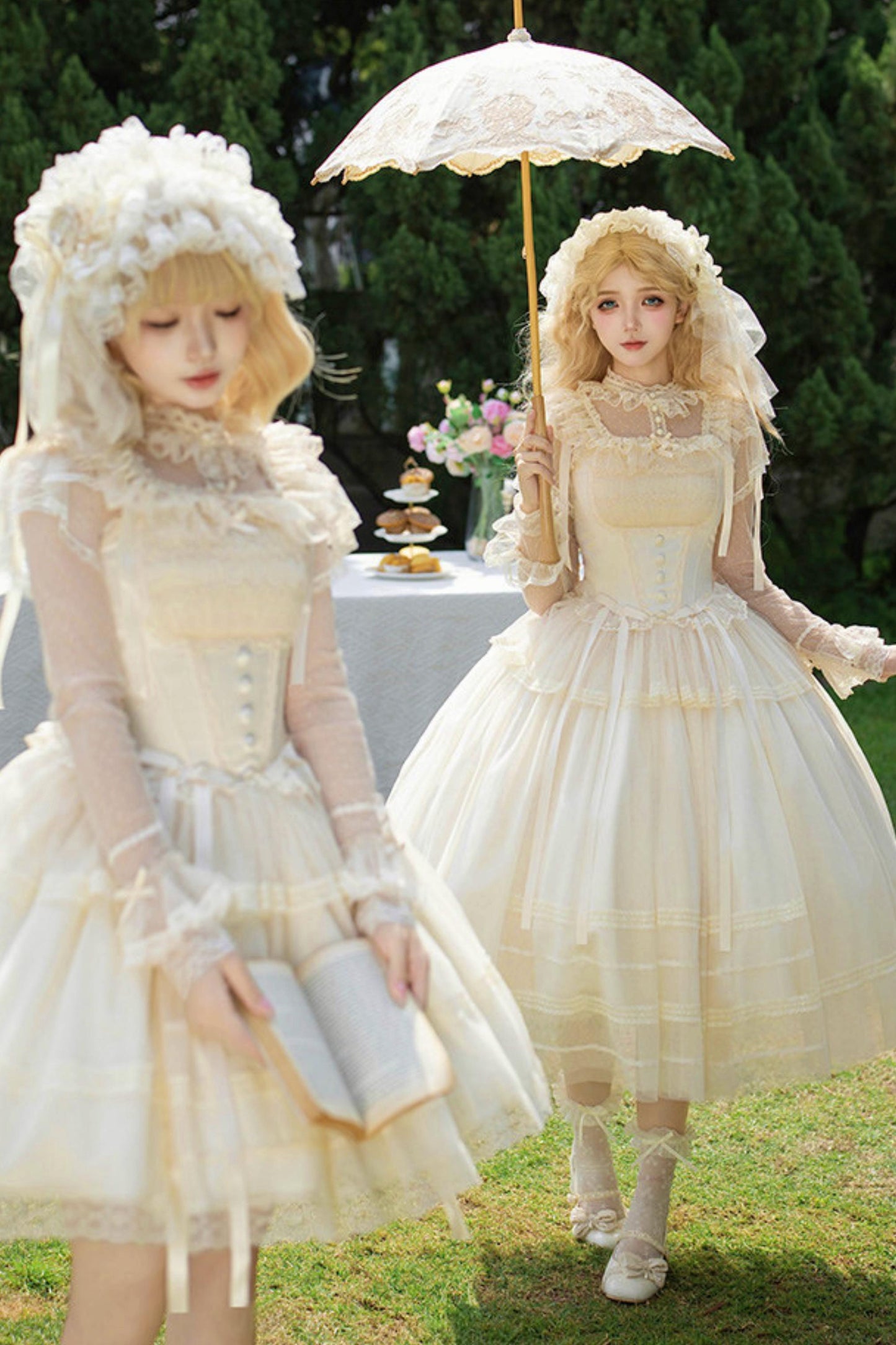 Weißes Korsett-Prinzessin-Lolita-Kleid + Outerwear + Accessoires