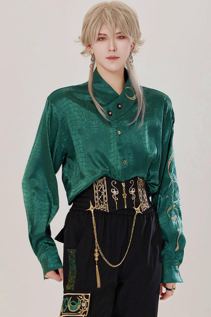 Jade Moon Dragon Embroidered Chinese Shirt + Moon Pocket Pants