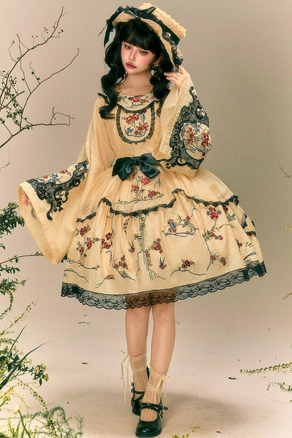 Blumen- und Vogeldruck-Kleid + Oberteil + Jacke + Hut