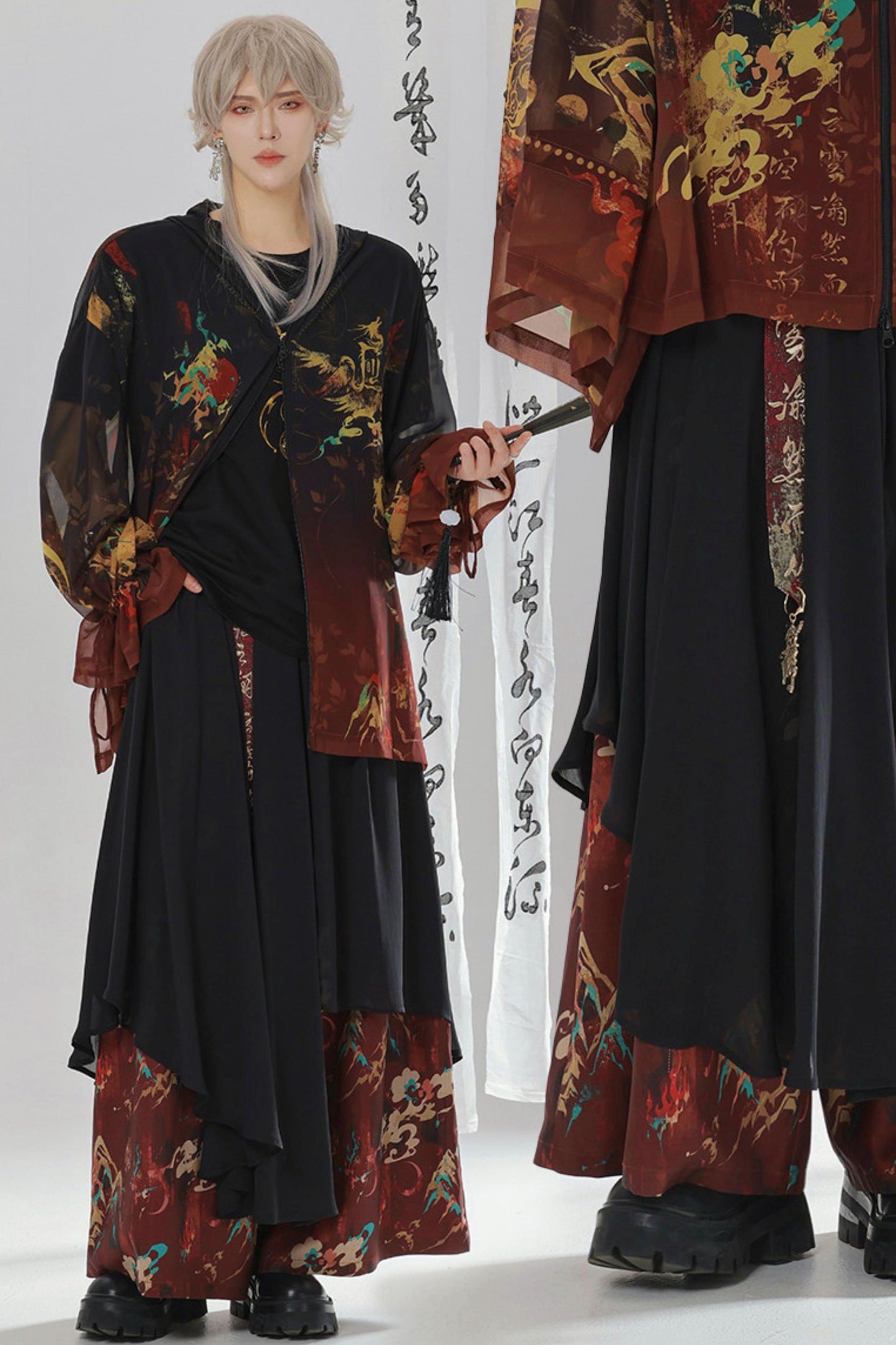 Gold Dragon Embroidered Choker Top (with Cups) + Chinese-Style Wide-Leg Pants