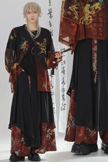 Gold Dragon Embroidered Choker Top (with Cups) + Chinese-Style Wide-Leg Pants