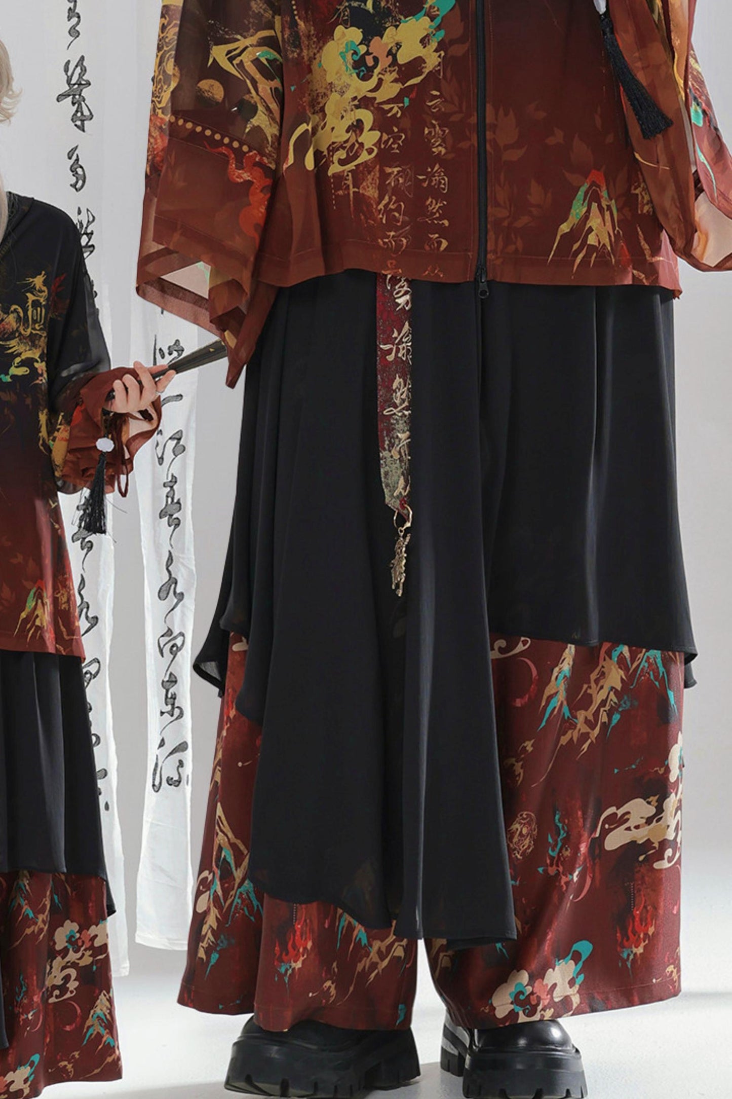 Gold Dragon Embroidered Choker Top (with Cups) + Chinese-Style Wide-Leg Pants