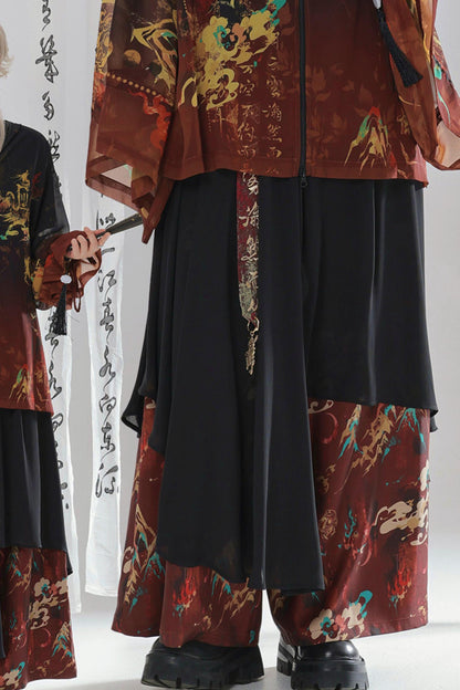 Gold Dragon Embroidered Choker Top (with Cups) + Chinese-Style Wide-Leg Pants