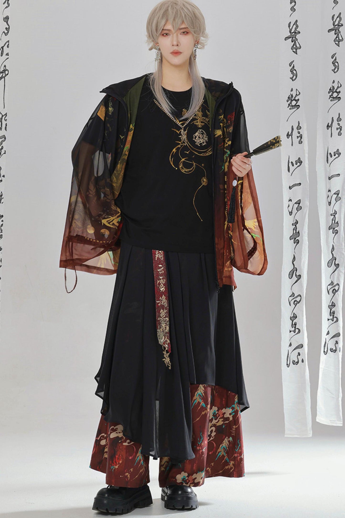 Gold Dragon Embroidered Choker Top (with Cups) + Chinese-Style Wide-Leg Pants