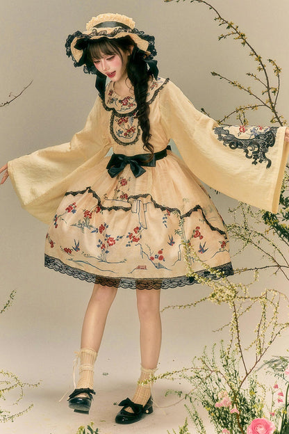 Blumen- und Vogeldruck-Kleid + Oberteil + Jacke + Hut