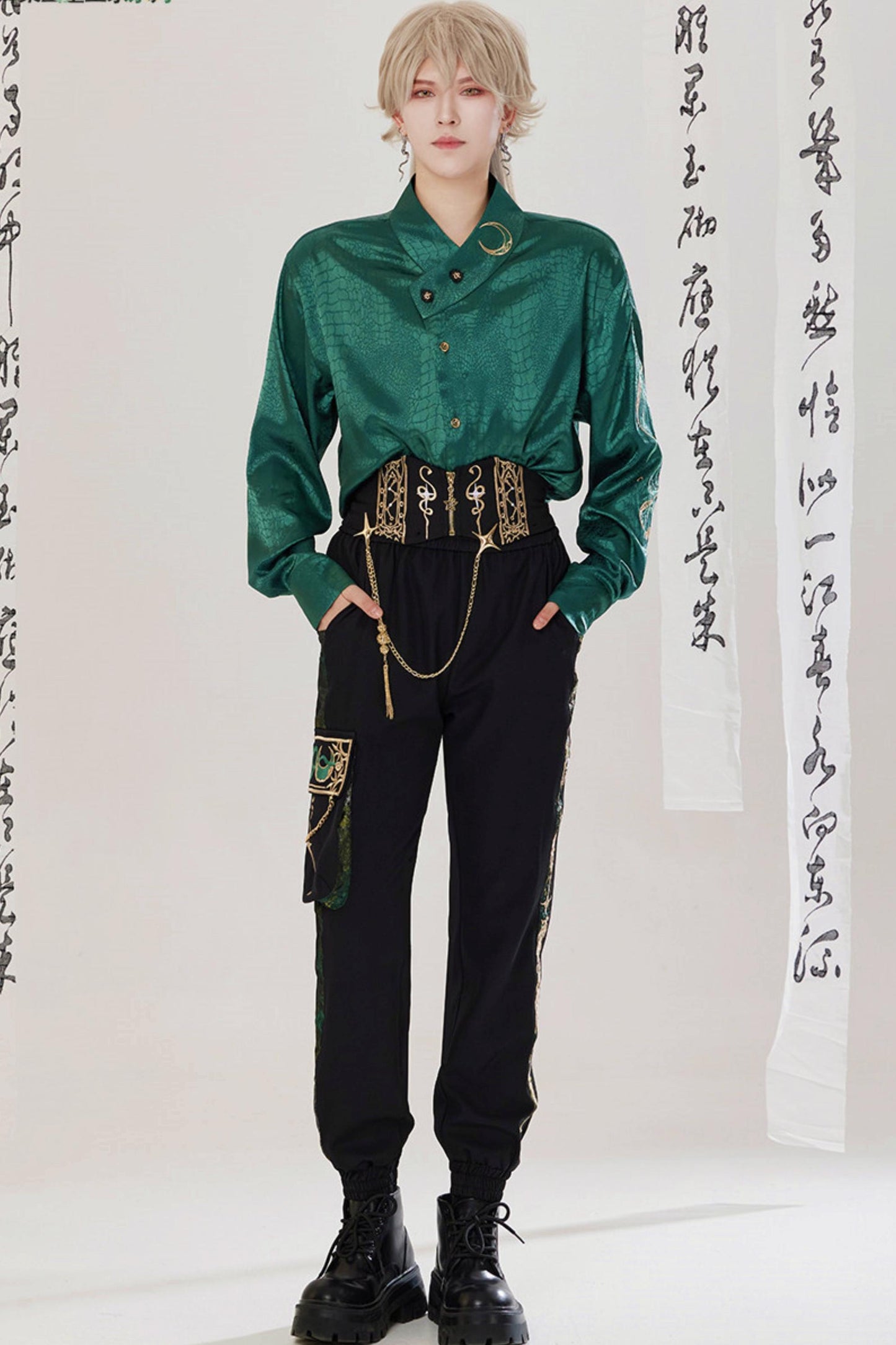 Jade Moon Dragon Embroidered Chinese Shirt + Moon Pocket Pants