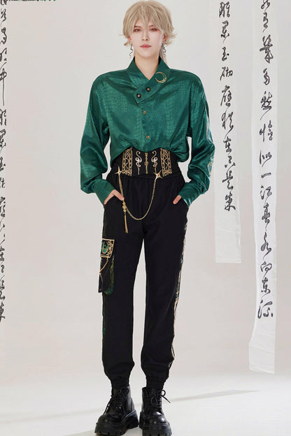 Jade Moon Dragon Embroidered Chinese Shirt + Moon Pocket Pants