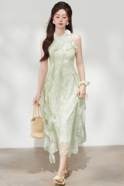 Ruffled Green Chiffon Dress + Outerwear