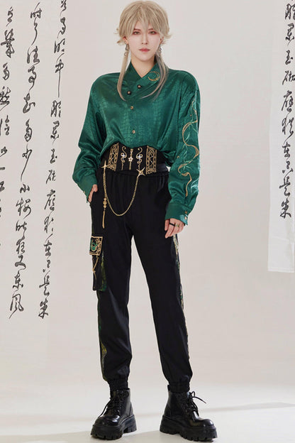 Jade Moon Dragon Embroidered Chinese Shirt + Moon Pocket Pants