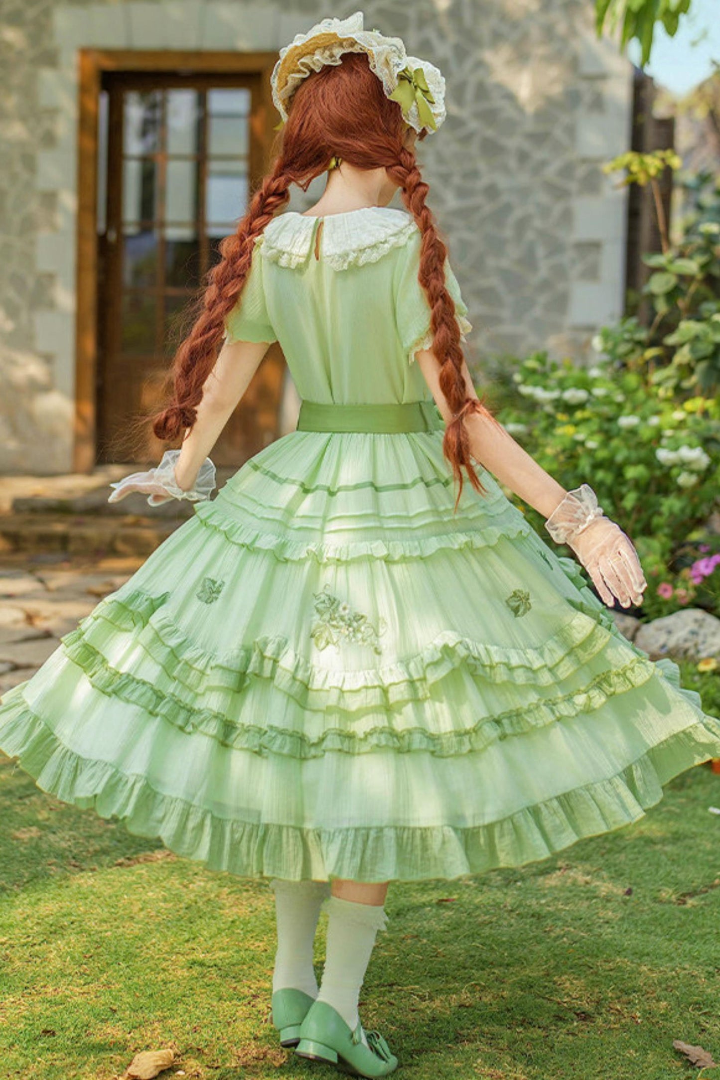 Green Embroidered Lolita One-Piece Dress + Cardigan + Hat + Belt + Accessories