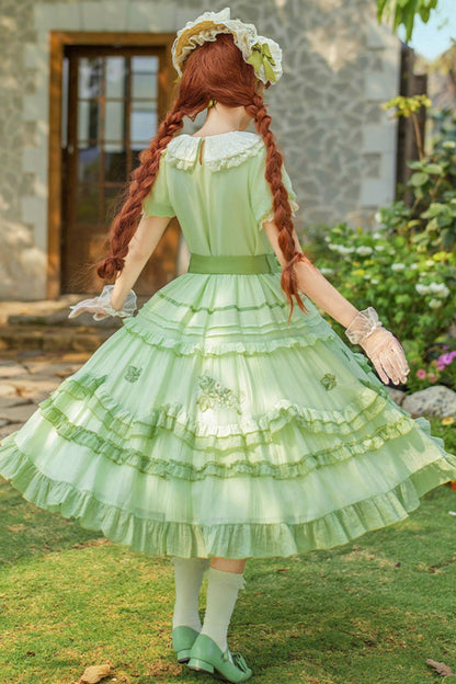 Green Embroidered Lolita One-Piece Dress + Cardigan + Hat + Belt + Accessories