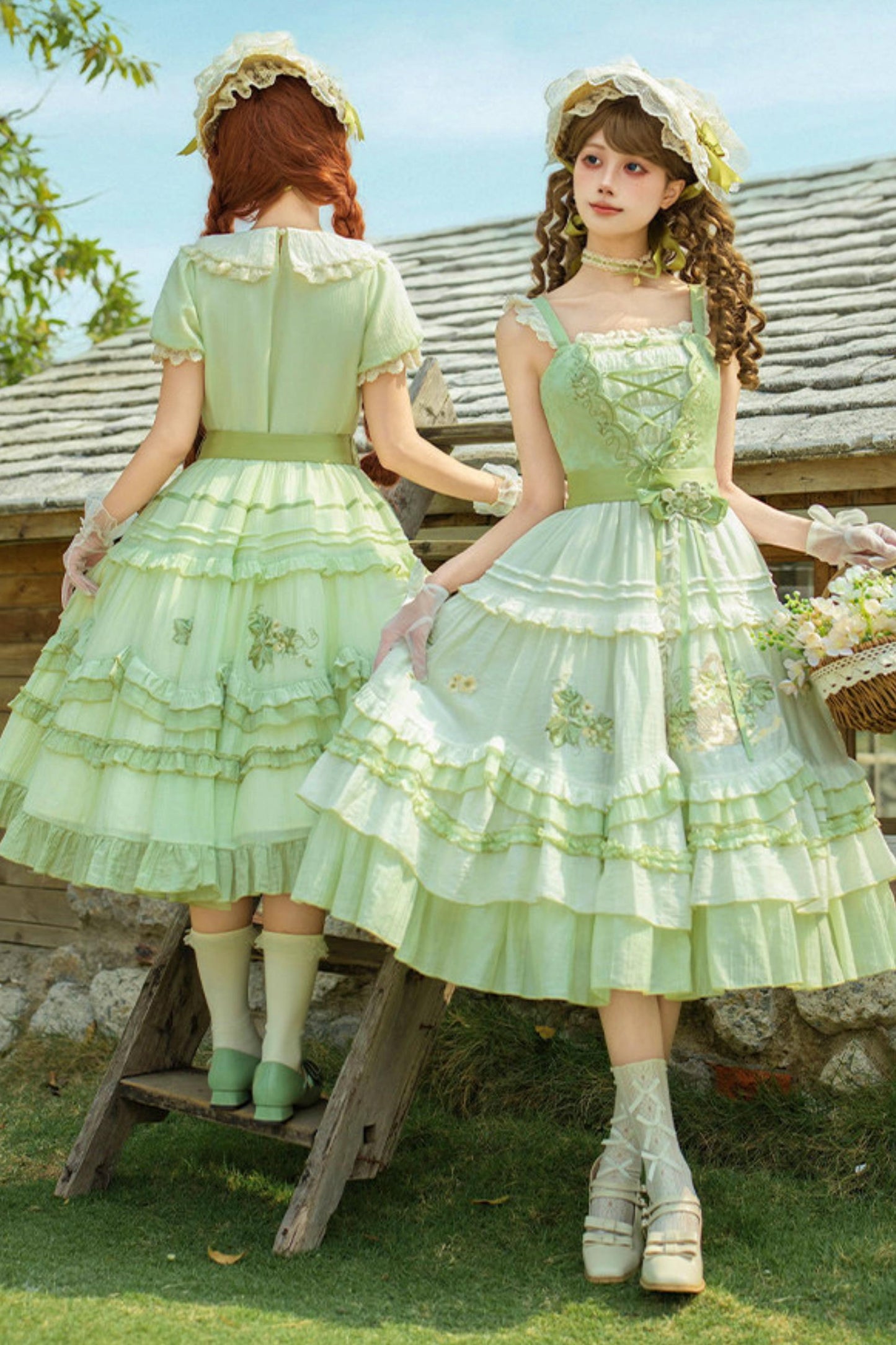 Green Embroidered Lolita One-Piece Dress + Cardigan + Hat + Belt + Accessories