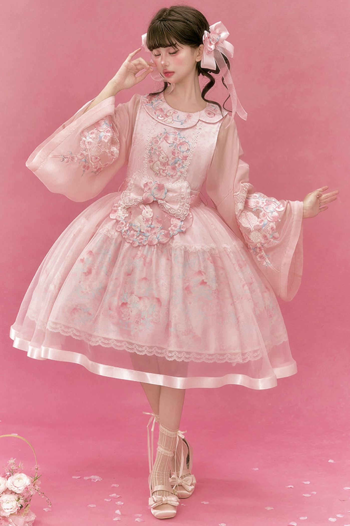 Qipao con conigli e pesche+top+capispalla+accessori