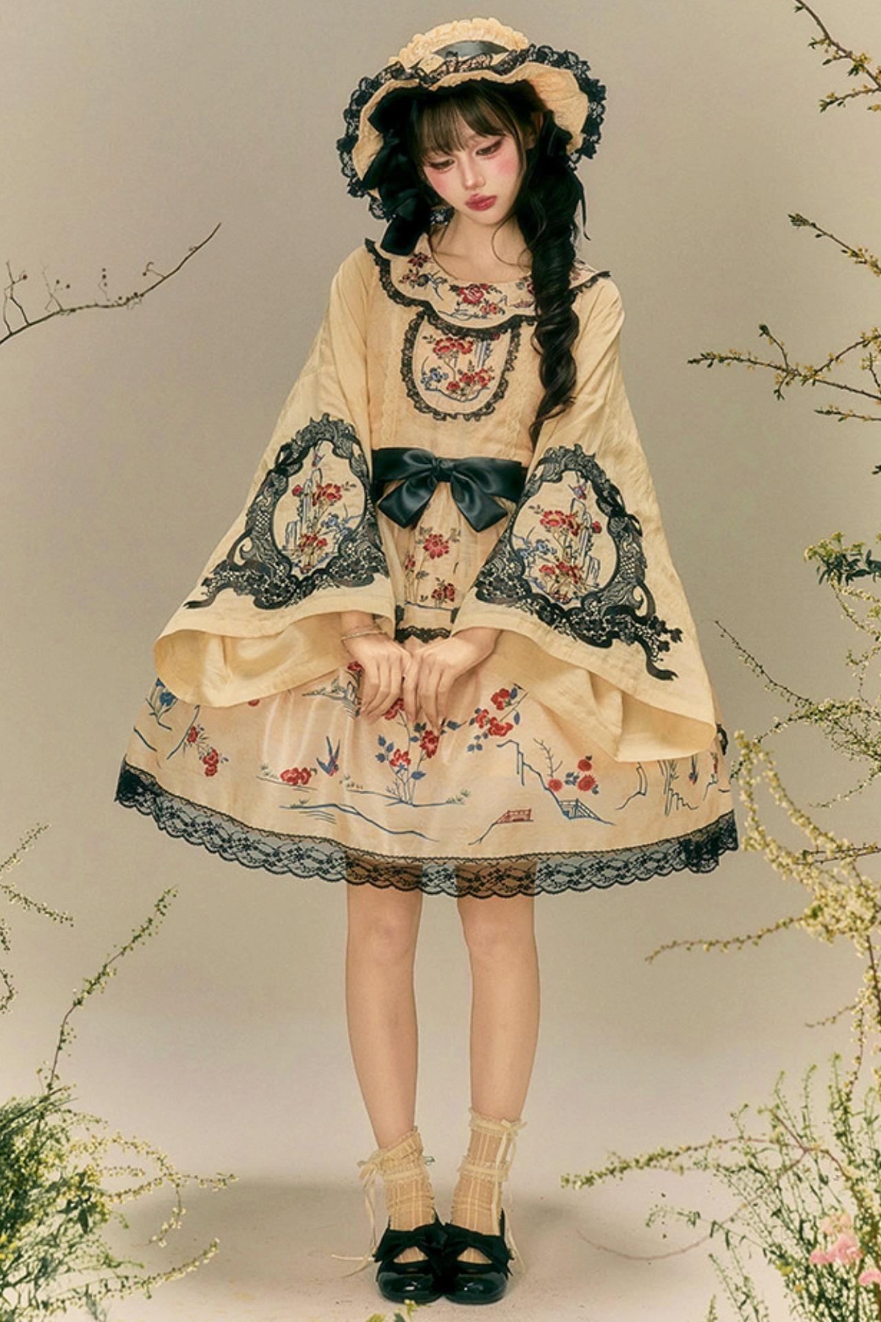 Blumen- und Vogeldruck-Kleid + Oberteil + Jacke + Hut
