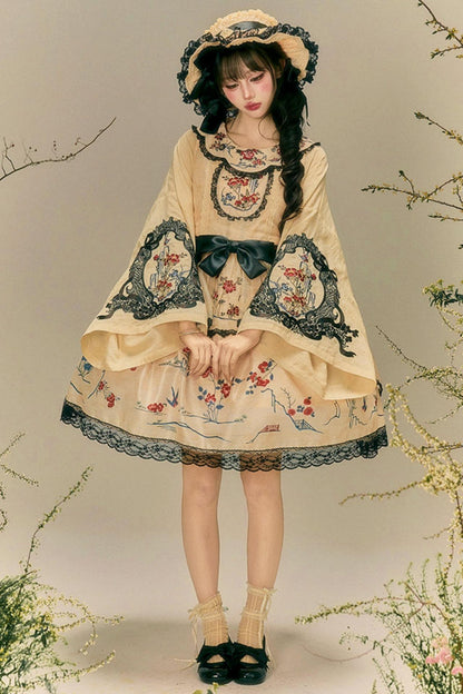 Blumen- und Vogeldruck-Kleid + Oberteil + Jacke + Hut