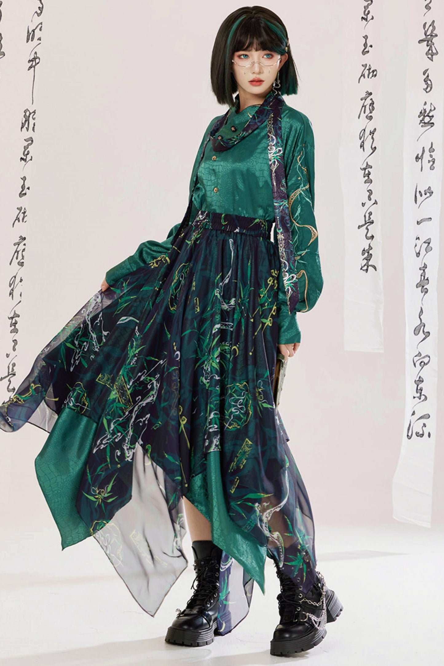 Jade Moon Dragon Embroidered Chinese Shirt + Moon Pocket Pants