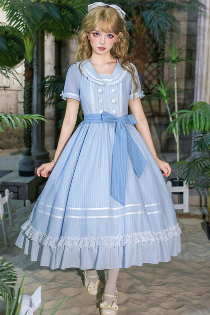 Klassisches maritimes Dienstmädchen-Lolita-Kleid + Accessoires