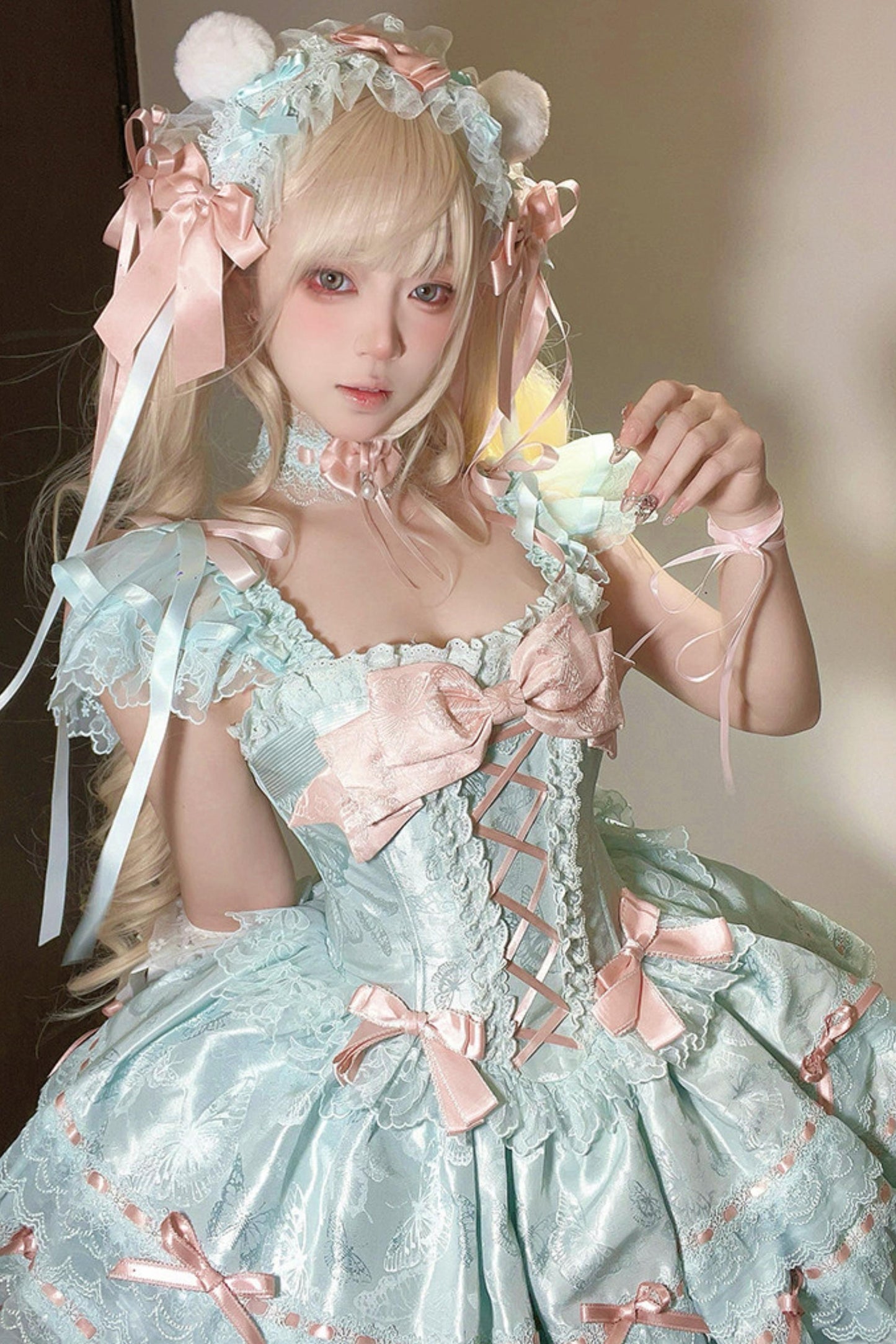 【予約商品】プリンセスリボンレースアップロリータドレス+アクセサリー