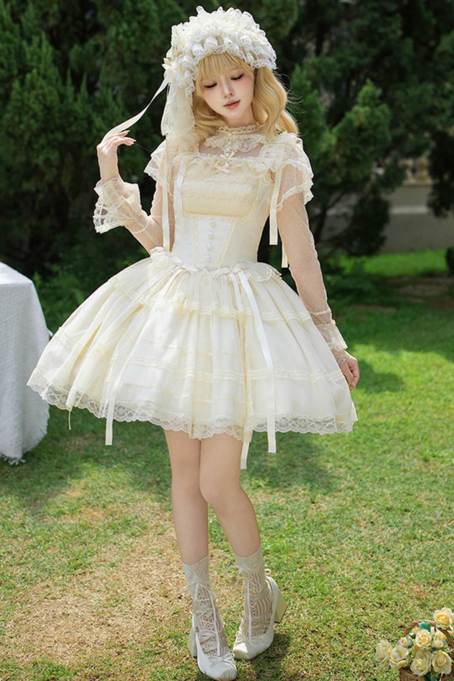 Weißes Korsett-Prinzessin-Lolita-Kleid + Outerwear + Accessoires