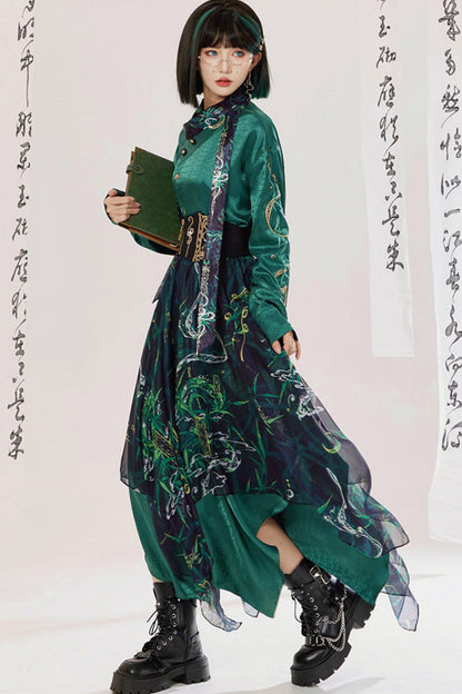 Jade Moon Dragon Embroidered Chinese Shirt + Moon Pocket Pants